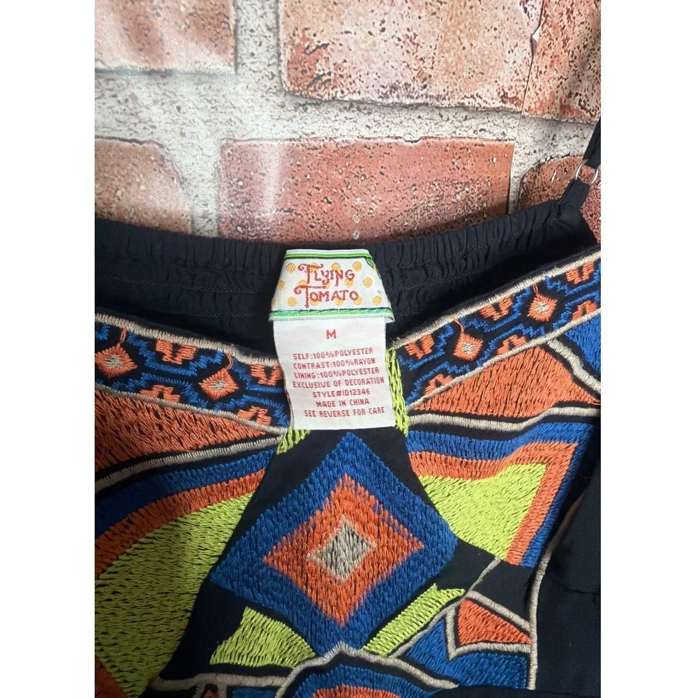 Flying Tomato‎ Embroidered Geometric Tribal Print Maxi Dress Black White Medium
